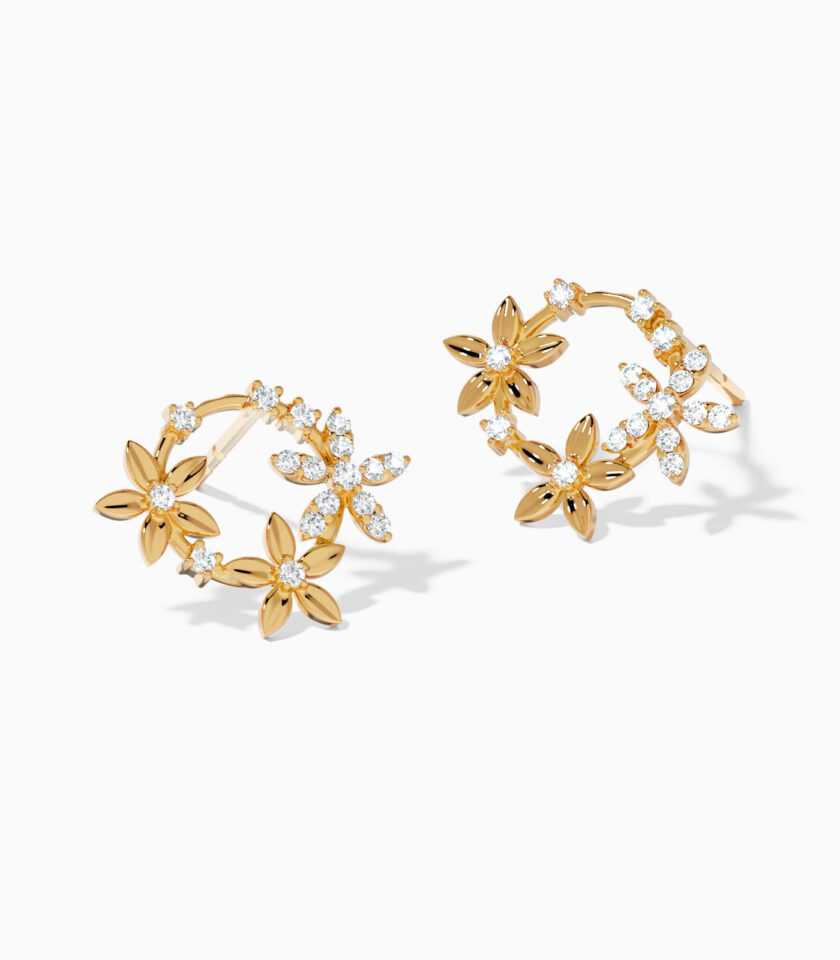 Tri-Flower Diamond Gold Stud Earrings | Hoop Earrings | Varudai