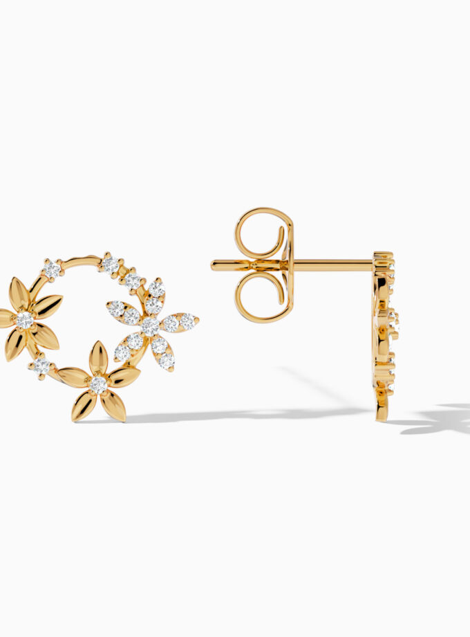 Tri-Flower Diamond Gold Stud Earrings | Hoop Earrings | Varudai