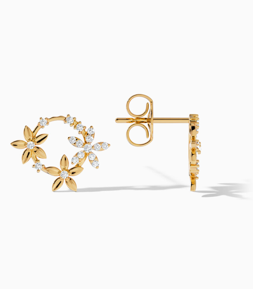 Tri-Flower Diamond Gold Stud Earrings | Hoop Earrings | Varudai