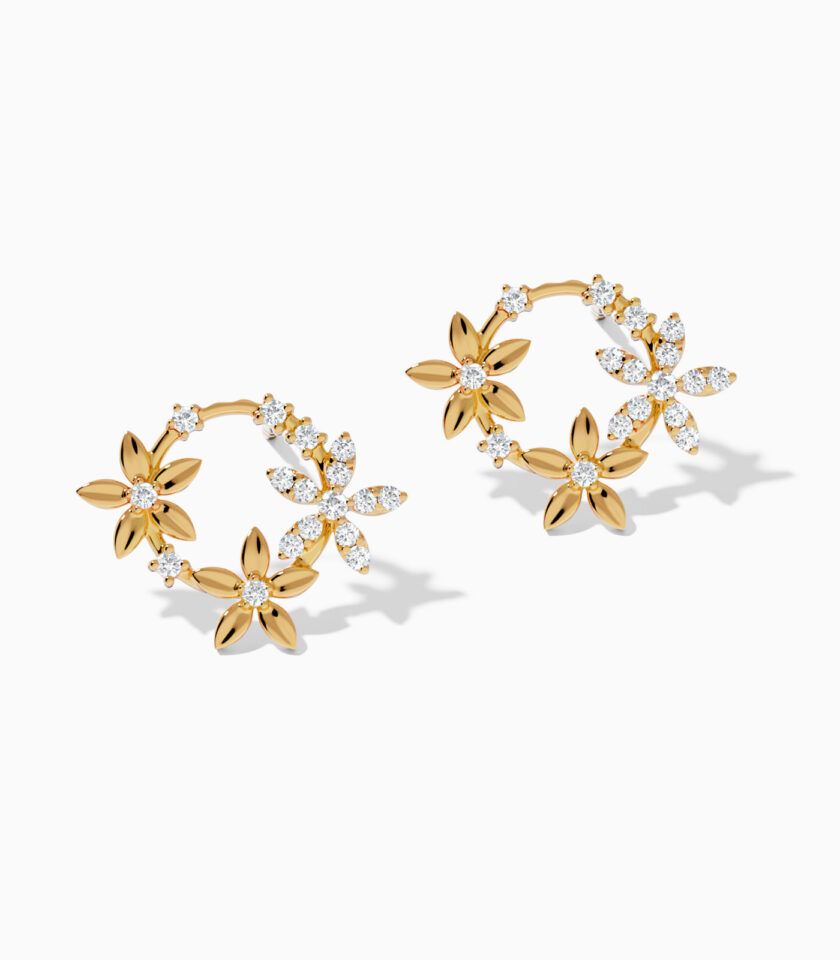 Tri-Flower Diamond Gold Stud Earrings | Hoop Earrings | Varudai