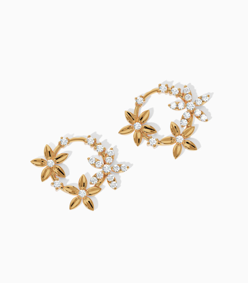 Tri-Flower Diamond Gold Stud Earrings | Hoop Earrings | Varudai