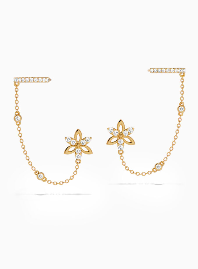 Gold Floral Stud Diamond Ear Cuff Earrings | Varudai