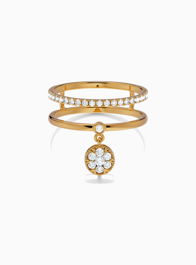 Double Row Floral Hanging Charm Ring | Varudai | Yellow Gold