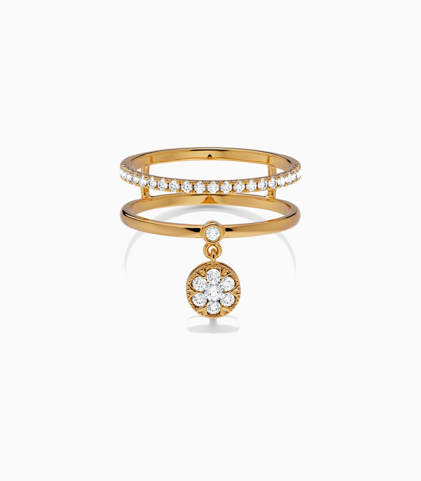 Double Row Floral Hanging Charm Ring | Varudai | Yellow Gold