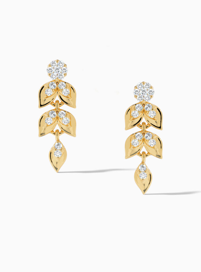 Gold and Diamond Solid Leaf Drop Earrings | varudai