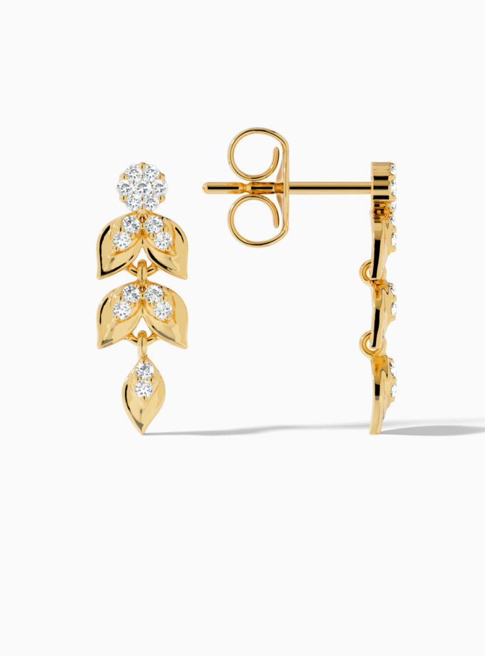 Gold and Diamond Solid Leaf Drop Earrings | varudai