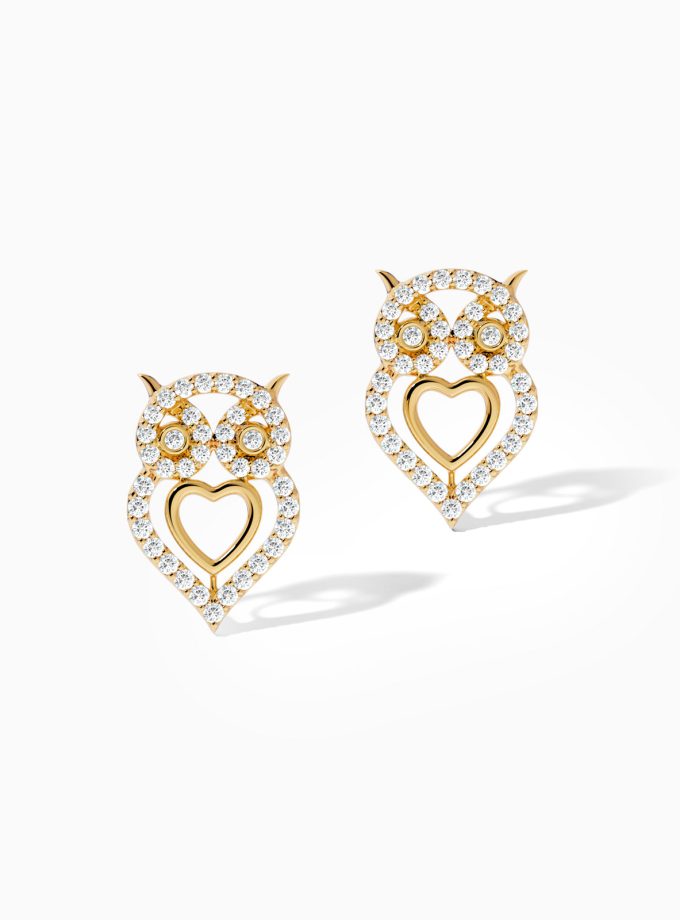 Heart & Owl Gold Stud Earrings | Varudai