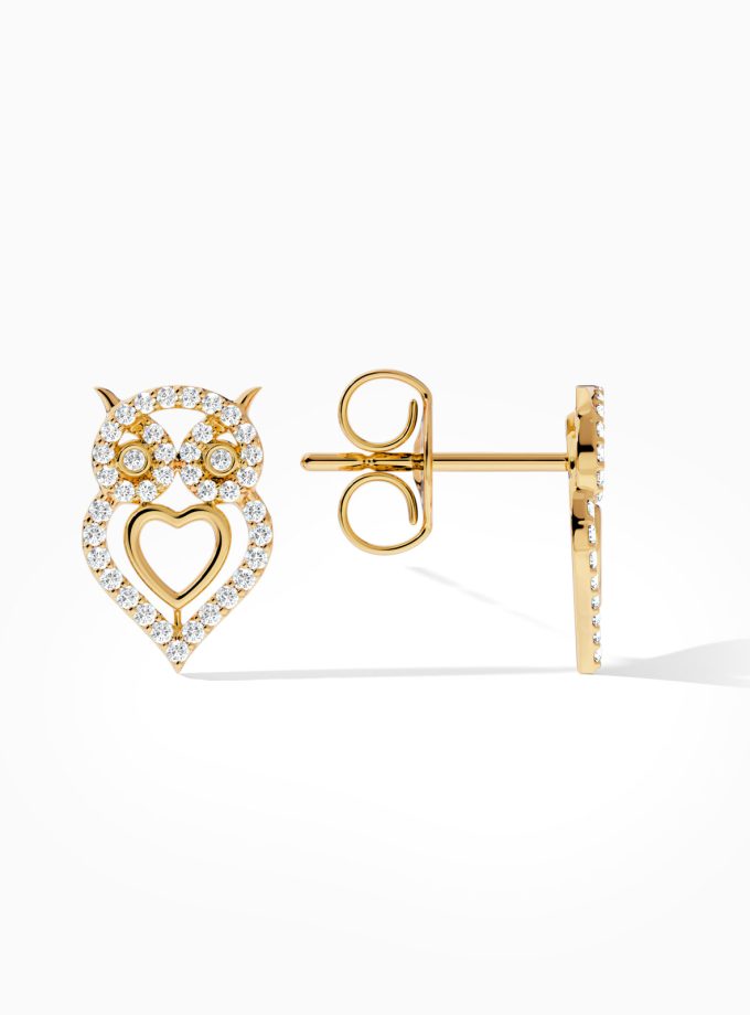 Heart & Owl Gold Stud Earrings | Varudai