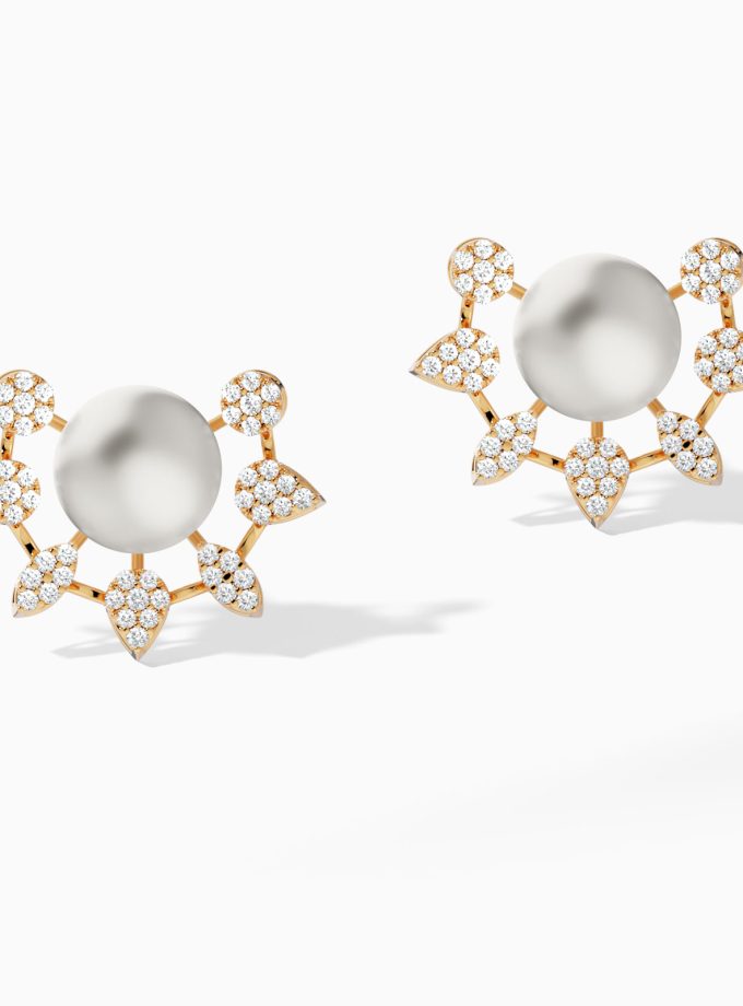 Pearl and Diamond Floral Earrings in Gold | Varudai Jewelry | Diamond Earrings | Pearl Earrings | Flower shaped Earrings
