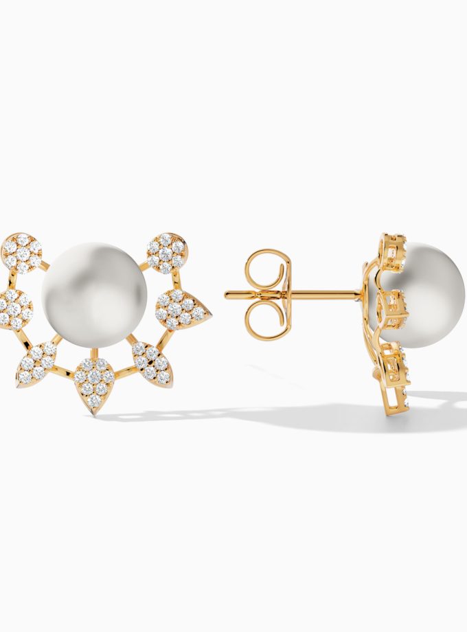 Pearl and Diamond Floral Earrings in Gold | Varudai Jewelry | Diamond Earrings | Pearl Earrings | Flower shaped Earrings