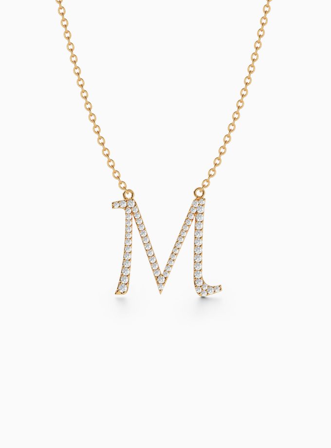 Beautiful Initial M Necklace in 18k Gold | Varudai | Custom alphabet | initial letters | diamond pendant | necklace | Arabic letter charms
