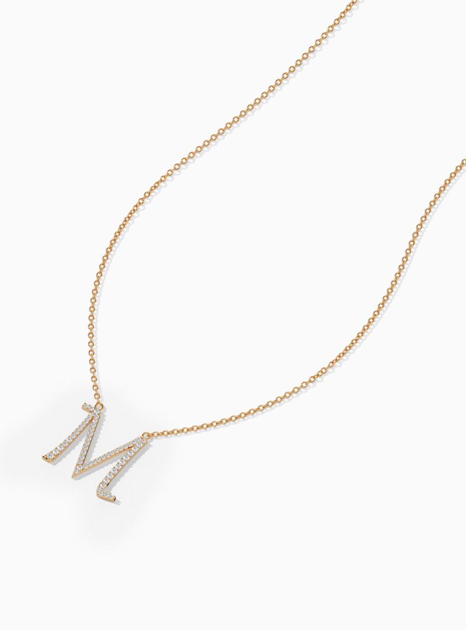 Beautiful Initial M Necklace in 18k Gold | Varudai | Custom alphabet | initial letters | diamond pendant | necklace | Arabic letter charms