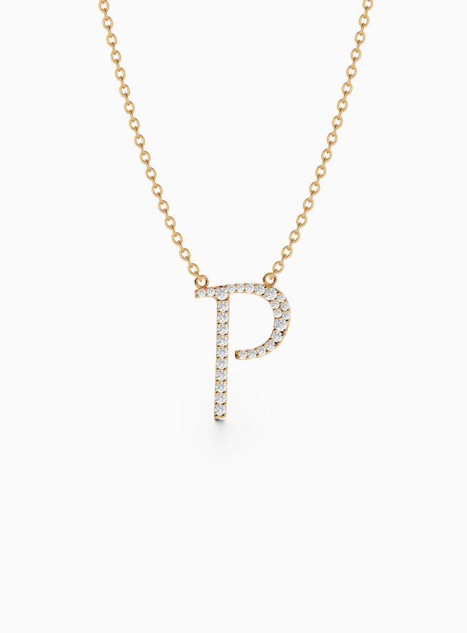 Diamond Initial P Necklace in 18k Gold | Varudai | Custom alphabet | initial letters | diamond pendant | necklace | Arabic letter charms
