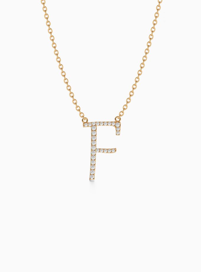 Diamond Initial F Necklace in 18k Gold | Varudai | Custom alphabet | initial letters | diamond pendant | necklace | Arabic letter charms