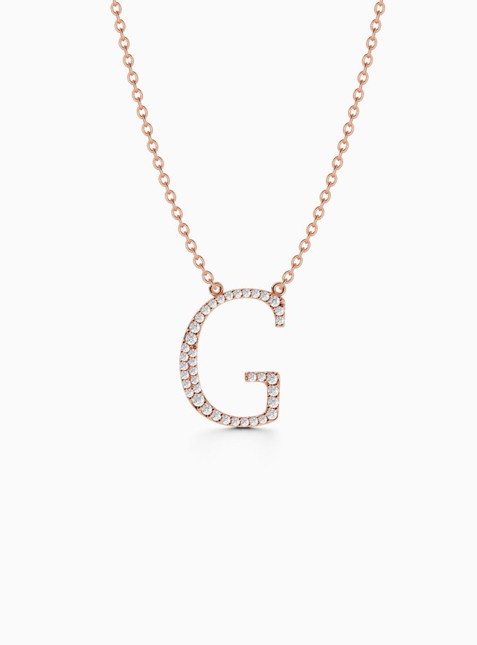 Sparkling Initial G Necklace in 18k Gold | Varudai | Custom alphabet | initial letters | diamond pendant | necklace | Arabic letter charms