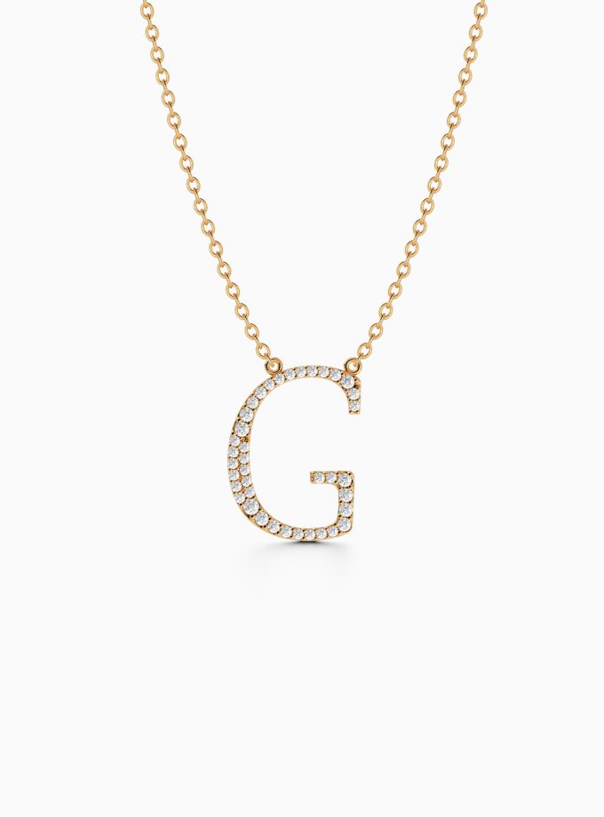 Sparkling Initial G Necklace in 18k Gold | Varudai | Custom alphabet | initial letters | diamond pendant | necklace | Arabic letter charms