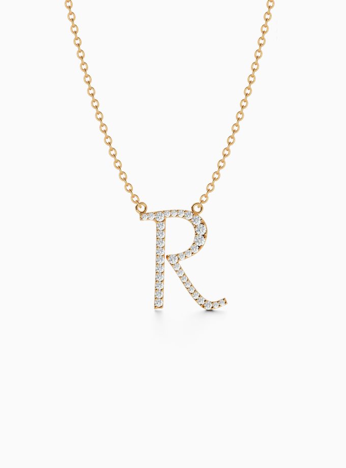 Radiant Initial R Necklace in 18k Gold | Varudai | Custom alphabet | initial letters | diamond pendant | necklace | Arabic letter charms
