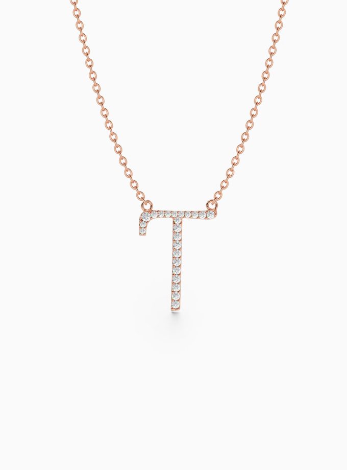 Initial T Necklace in Gold and Diamonds | Varudai | Custom alphabet | initial letters | diamond pendant | necklace | Arabic letter charms