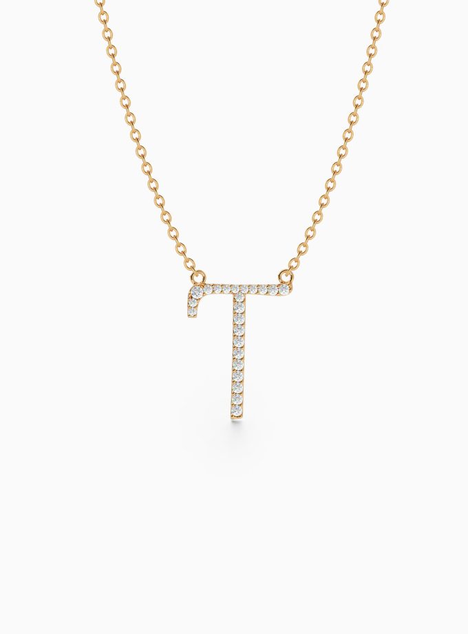 Initial T Necklace in Gold and Diamonds | Varudai | Custom alphabet | initial letters | diamond pendant | necklace | Arabic letter charms