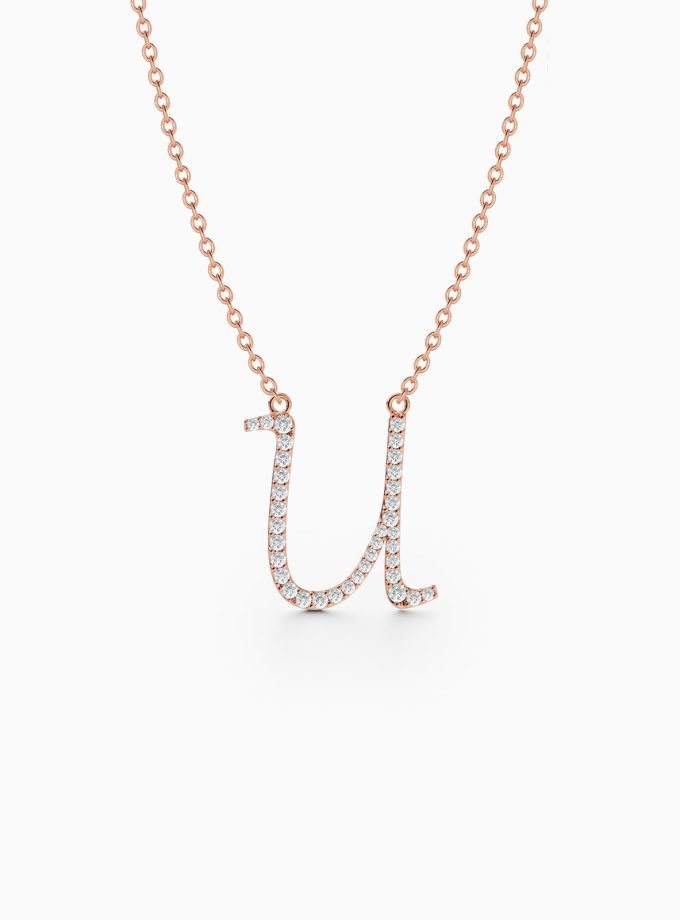 Diamond Initial U Necklace in 18k Gold | Varudai | Custom alphabet | initial letters | diamond pendant | necklace | Arabic letter charms