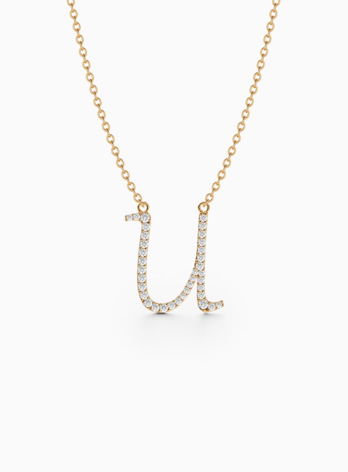 Diamond Initial U Necklace in 18k Gold | Varudai | Custom alphabet | initial letters | diamond pendant | necklace | Arabic letter charms