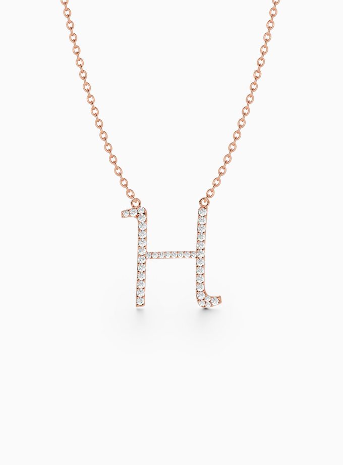 Initial H Necklace in Gold and Diamonds | Varudai | Custom alphabet | initial letters | diamond pendant | necklace | Arabic letter charms