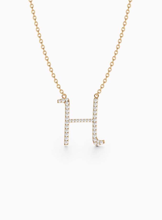 Initial H Necklace in Gold and Diamonds | Varudai | Custom alphabet | initial letters | diamond pendant | necklace | Arabic letter charms