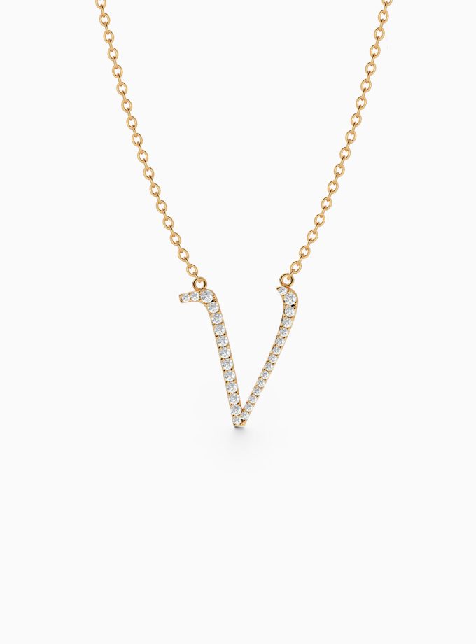 18k Gold Initial V Necklace with Diamonds | Varudai | Custom alphabet | initial letters | diamond pendant | necklace | Arabic letter charms