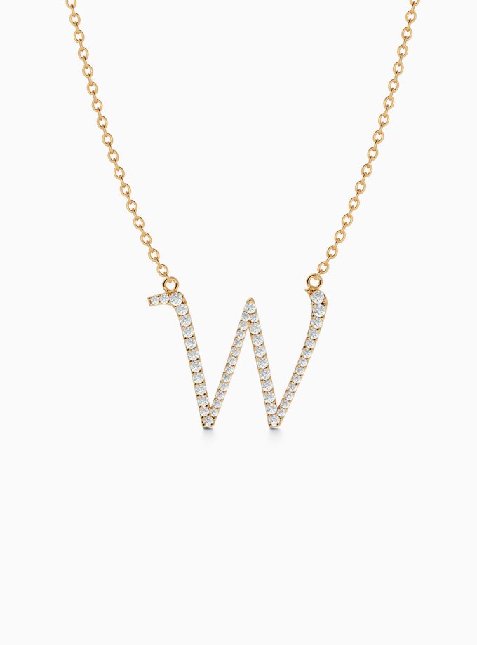 Classic Initial W Necklace in 18k Gold | Varudai | Custom alphabet | initial letters | diamond pendant | necklace | Arabic letter charms