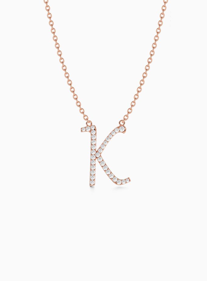 Initial K Necklace in Gold and Diamonds | Varudai | Custom alphabet | initial letters | diamond pendant | necklace | Arabic letter charms