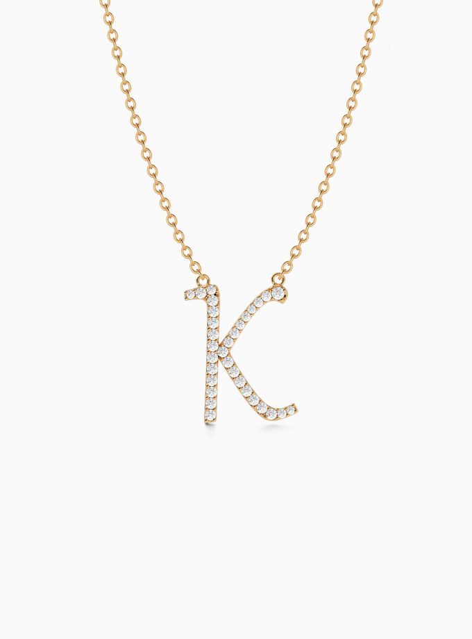 Initial K Necklace in Gold and Diamonds | Varudai | Custom alphabet | initial letters | diamond pendant | necklace | Arabic letter charms