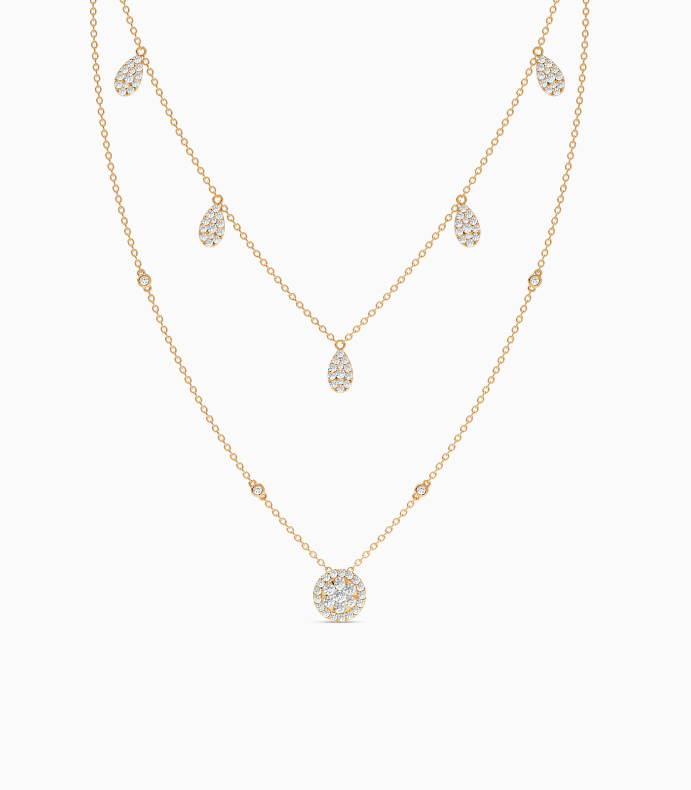 Teardrop Station Multi-Layered Diamond Cluster Necklace | Layered necklace | Layered gold necklace | Double Layered Necklace