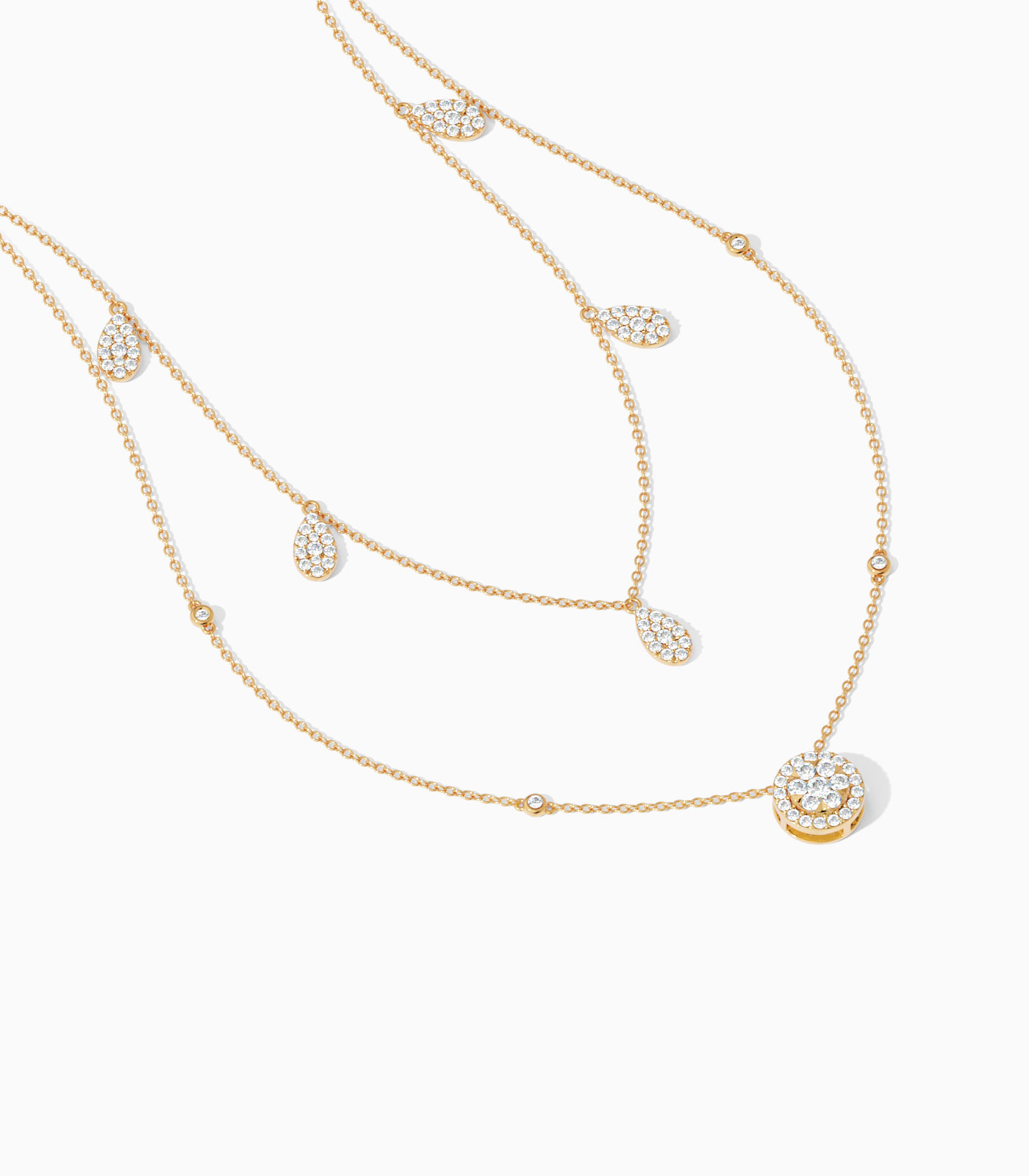 Teardrop Station Multi-Layered Diamond Cluster Necklace | Layered necklace | Layered gold necklace | Double Layered Necklace