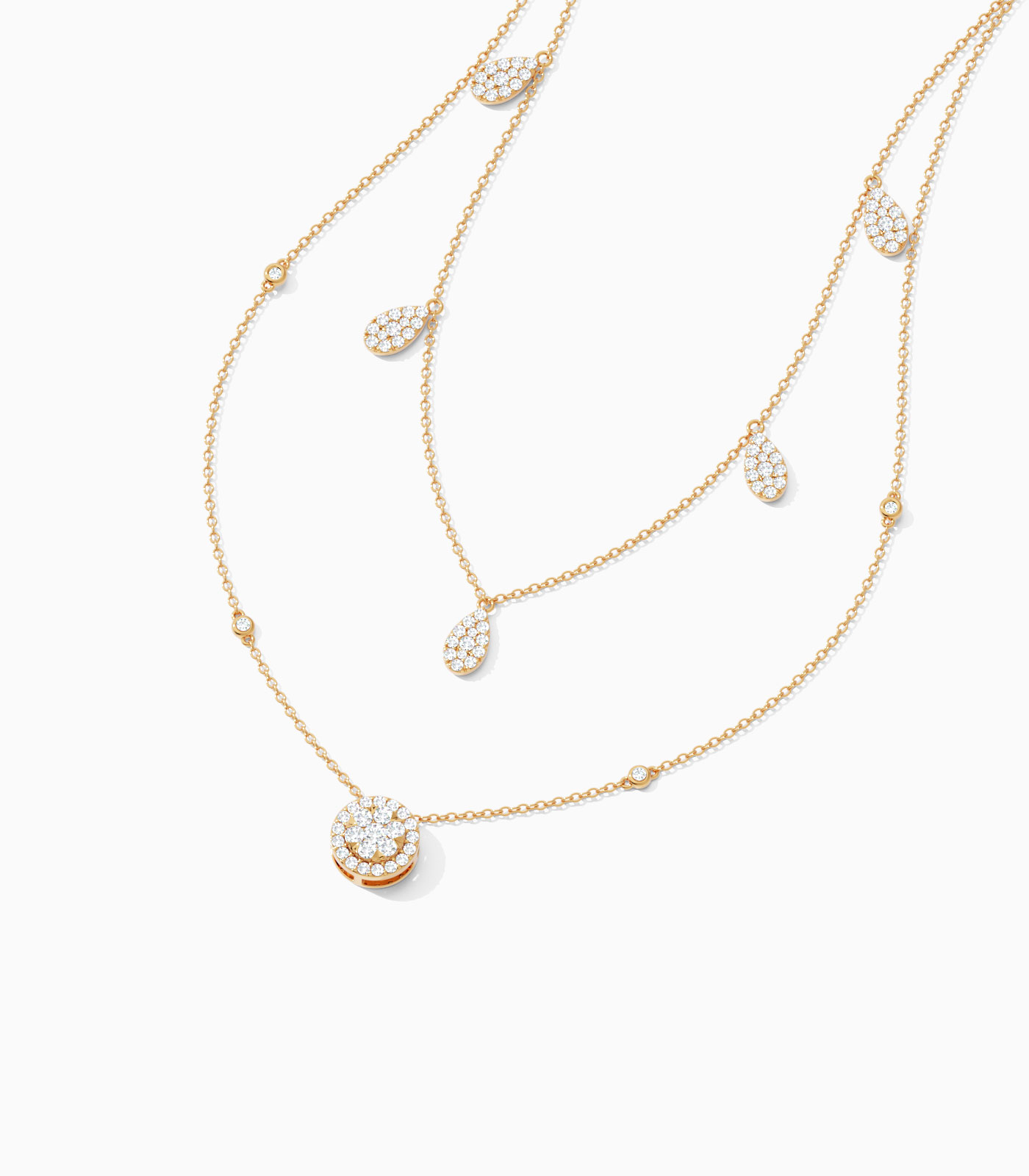 Teardrop Station Multi-Layered Diamond Cluster Necklace | Layered necklace | Layered gold necklace | Double Layered Necklace