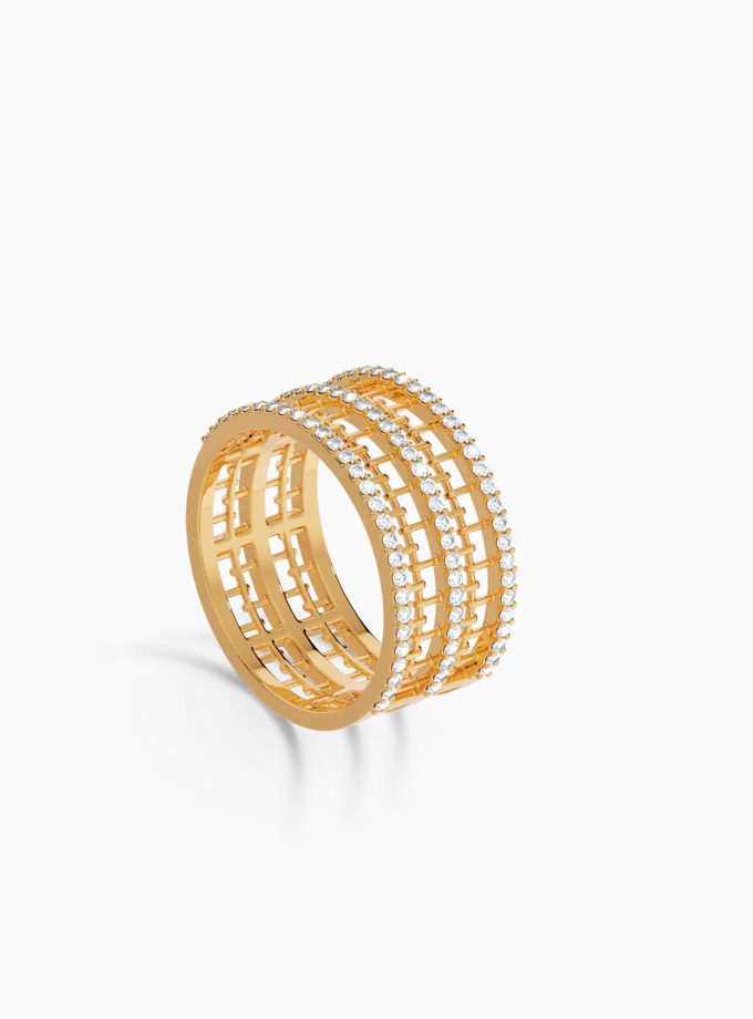 Three Row Pavé Diamond Wide Ring Band | Varudai | Diamond rings | Mesh Band rings