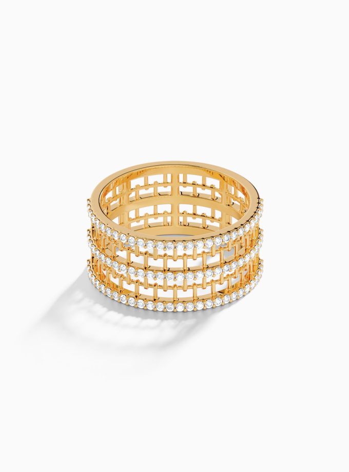 Three Row Pavé Diamond Wide Ring Band | Varudai | Diamond rings | Mesh Band rings