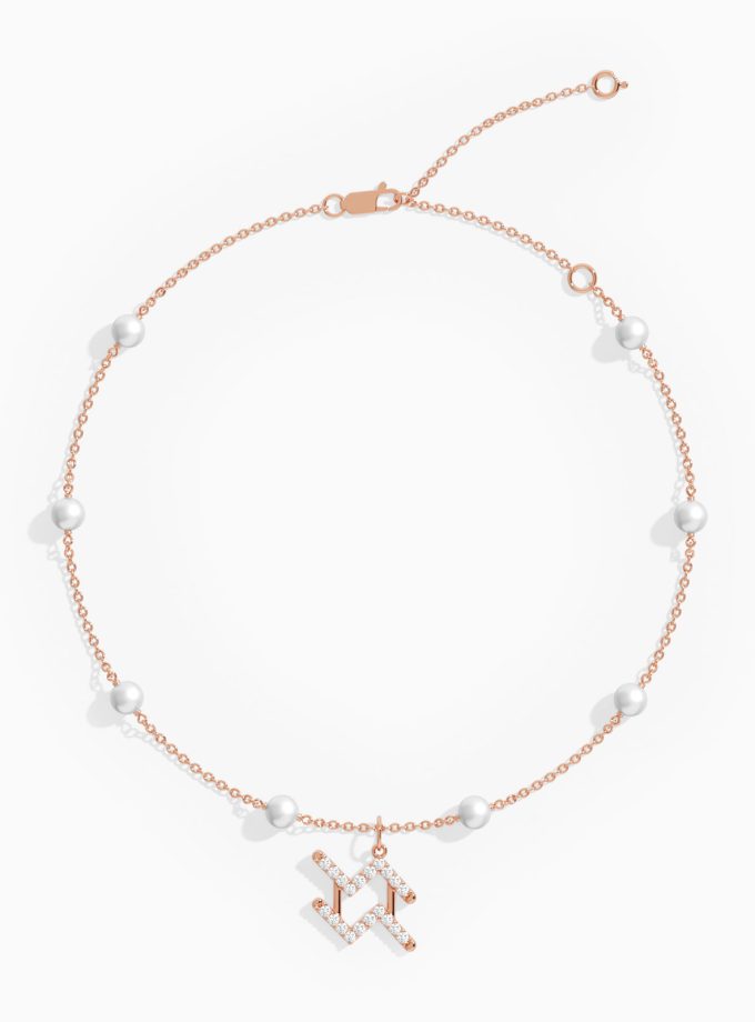 Aquarius Zodiac Anklet with Diamonds and Pearls | Diamond Anklets | 18K Gold Anklets | Varudai | Pearl Anklets | Varudai Jewelry | Zodiac Sign Anklets | Zodiac Anklets | Zodiac diamond Anklets