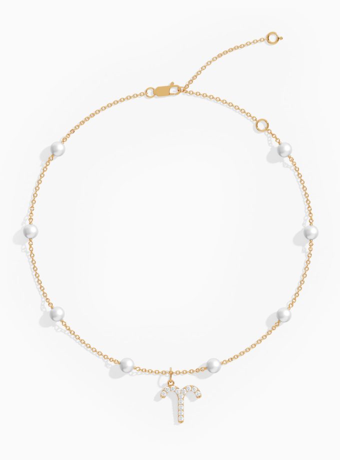 Aries Zodiac Anklet with Diamonds and Pearls | Diamond Anklets | 18K Gold Anklets | Varudai | Pearl Anklets | Varudai Jewelry | Zodiac Sign Anklets | Zodiac Anklets | Zodiac diamond Anklets