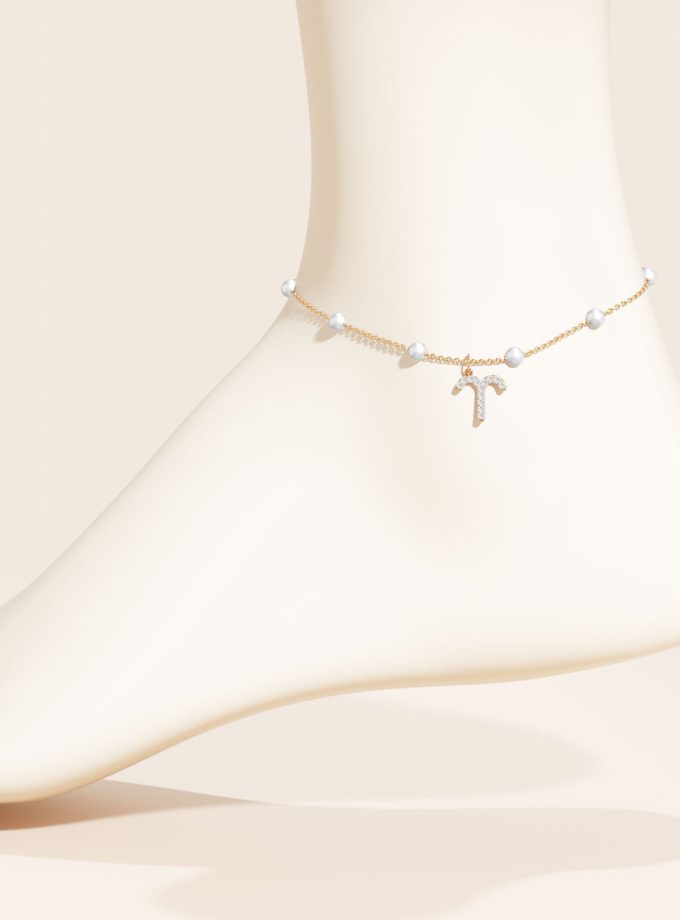 Aries Zodiac Anklet with Diamonds and Pearls | Diamond Anklets | 18K Gold Anklets | Varudai | Pearl Anklets | Varudai Jewelry | Zodiac Sign Anklets | Zodiac Anklets | Zodiac diamond Anklets