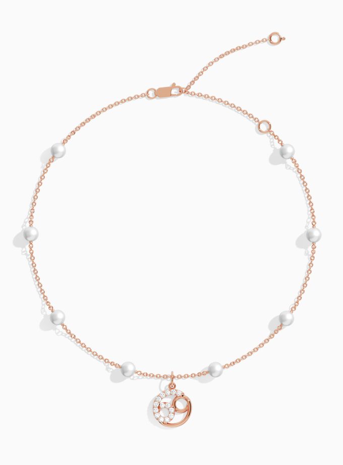 Dazzling Cancer Zodiac Anklet with Pearls | Diamond Anklets | 18K Gold Anklets | Varudai | Pearl Anklets | Varudai Jewelry | Zodiac Sign Anklets | Zodiac Anklets | Zodiac diamond Anklets