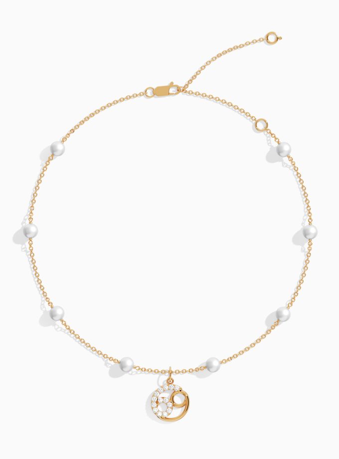 Dazzling Cancer Zodiac Anklet with Pearls | Diamond Anklets | 18K Gold Anklets | Varudai | Pearl Anklets | Varudai Jewelry | Zodiac Sign Anklets | Zodiac Anklets | Zodiac diamond Anklets