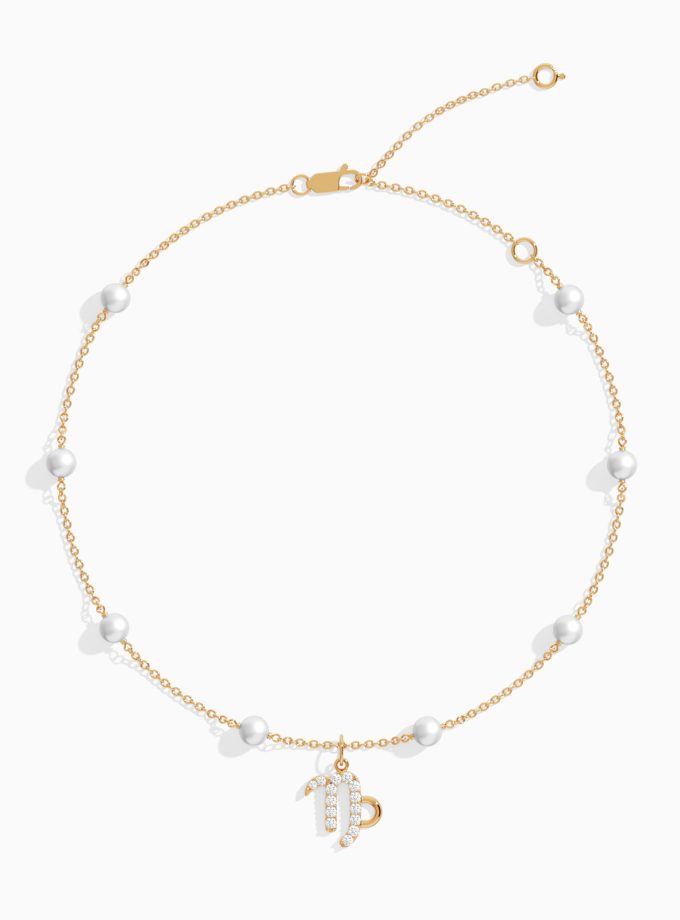 Diamond-Encrusted Capricorn Zodiac Anklet with Pearls | Diamond Anklets | 18K Gold Anklets | Varudai | Pearl Anklets | Varudai Jewelry | Zodiac Sign Anklets | Zodiac Anklets | Zodiac diamond Anklets