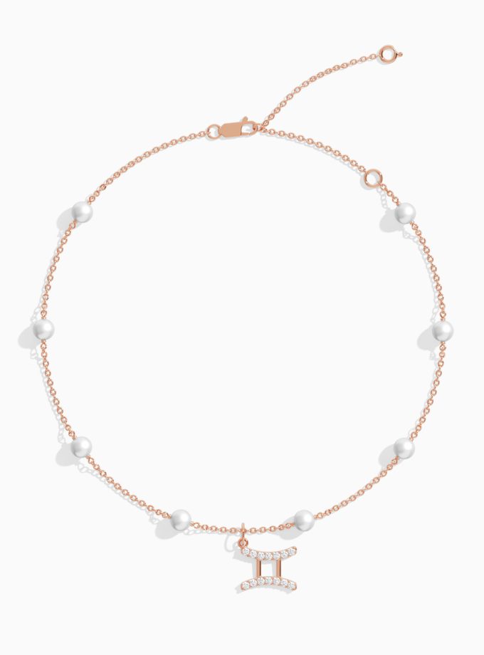 Gemini Zodiac Anklet with Diamonds and Pearls | Diamond Anklets | 18K Gold Anklets | Varudai | Pearl Anklets | Varudai Jewelry | Zodiac Sign Anklets | Zodiac Anklets | Zodiac diamond Anklets