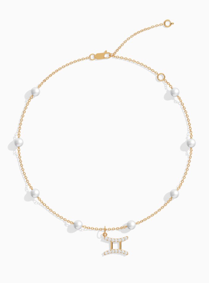 Gemini Zodiac Anklet with Diamonds and Pearls | Diamond Anklets | 18K Gold Anklets | Varudai | Pearl Anklets | Varudai Jewelry | Zodiac Sign Anklets | Zodiac Anklets | Zodiac diamond Anklets