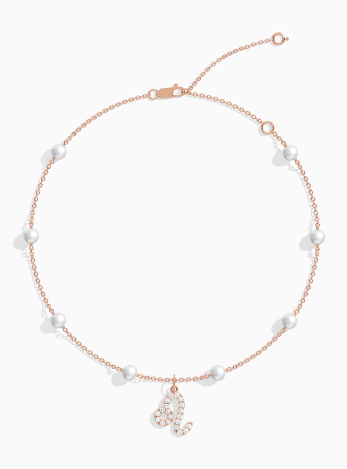 Shining Leo Zodiac Anklet with Pearls | Diamond Anklets | 18K Gold Anklets | Varudai | Pearl Anklets | Varudai Jewelry | Zodiac Sign Anklets | Zodiac Anklets | Zodiac diamond Anklets