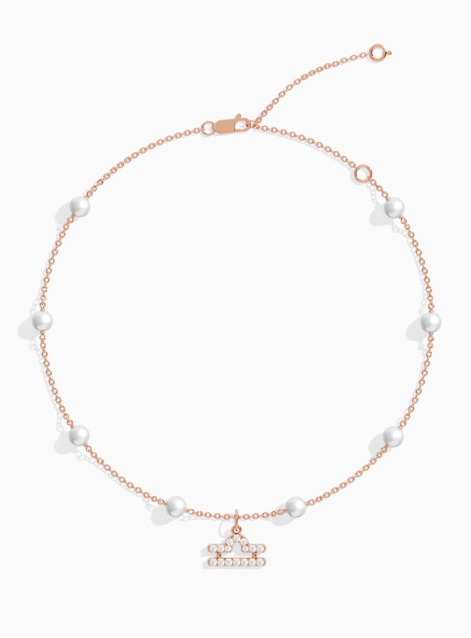 Minimalist Libra Zodiac Sign Anklet with Pearls | Diamond Anklets | 18K Gold Anklets | Varudai | Pearl Anklets | Varudai Jewelry | Zodiac Sign Anklets | Zodiac Anklets | Zodiac diamond Anklets