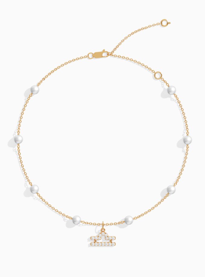 Minimalist Libra Zodiac Sign Anklet with Pearls | Diamond Anklets | 18K Gold Anklets | Varudai | Pearl Anklets | Varudai Jewelry | Zodiac Sign Anklets | Zodiac Anklets | Zodiac diamond Anklets