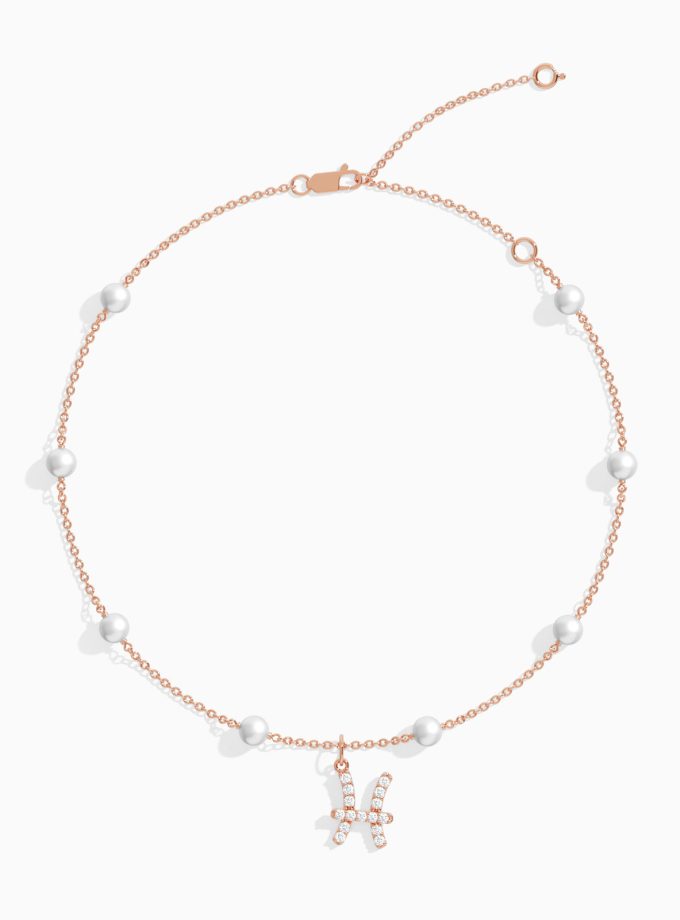 18k Gold Pisces Zodiac Anklet with Pearls | Diamond Anklets | 18K Gold Anklets | Varudai | Pearl Anklets | Varudai Jewelry | Zodiac Sign Anklets | Zodiac Anklets | Zodiac diamond Anklets