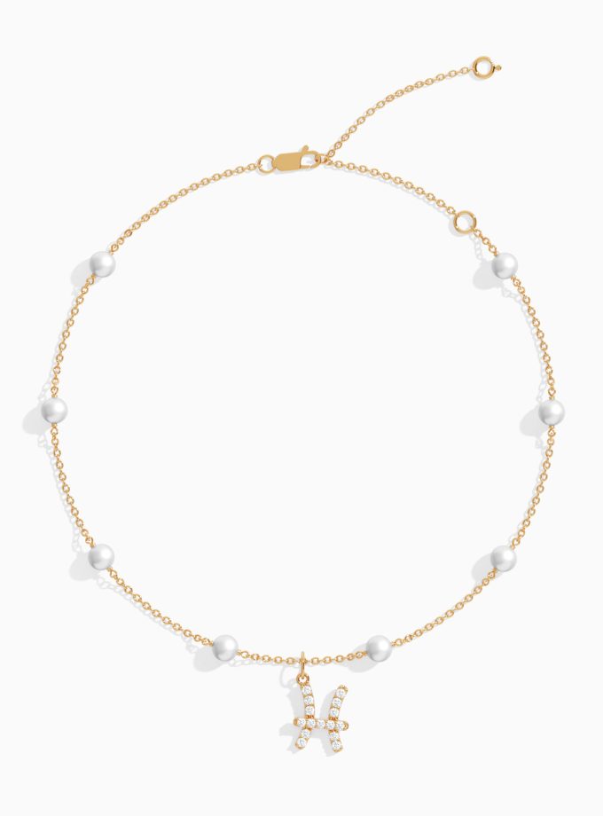 18k Gold Pisces Zodiac Anklet with Pearls | Diamond Anklets | 18K Gold Anklets | Varudai | Pearl Anklets | Varudai Jewelry | Zodiac Sign Anklets | Zodiac Anklets | Zodiac diamond Anklets