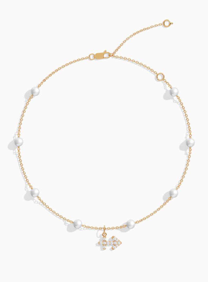 18k Gold Sagittarius Zodiac Anklet with Pearls | Diamond Anklets | 18K Gold Anklets | Varudai | Pearl Anklets | Varudai Jewelry | Zodiac Sign Anklets | Zodiac Anklets | Zodiac diamond Anklets